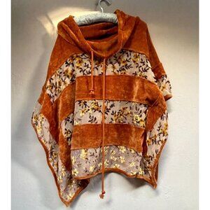 DOR DOR Couture Orange Floral Sheer Burnout Velvet Chenille Poncho Sweater Small